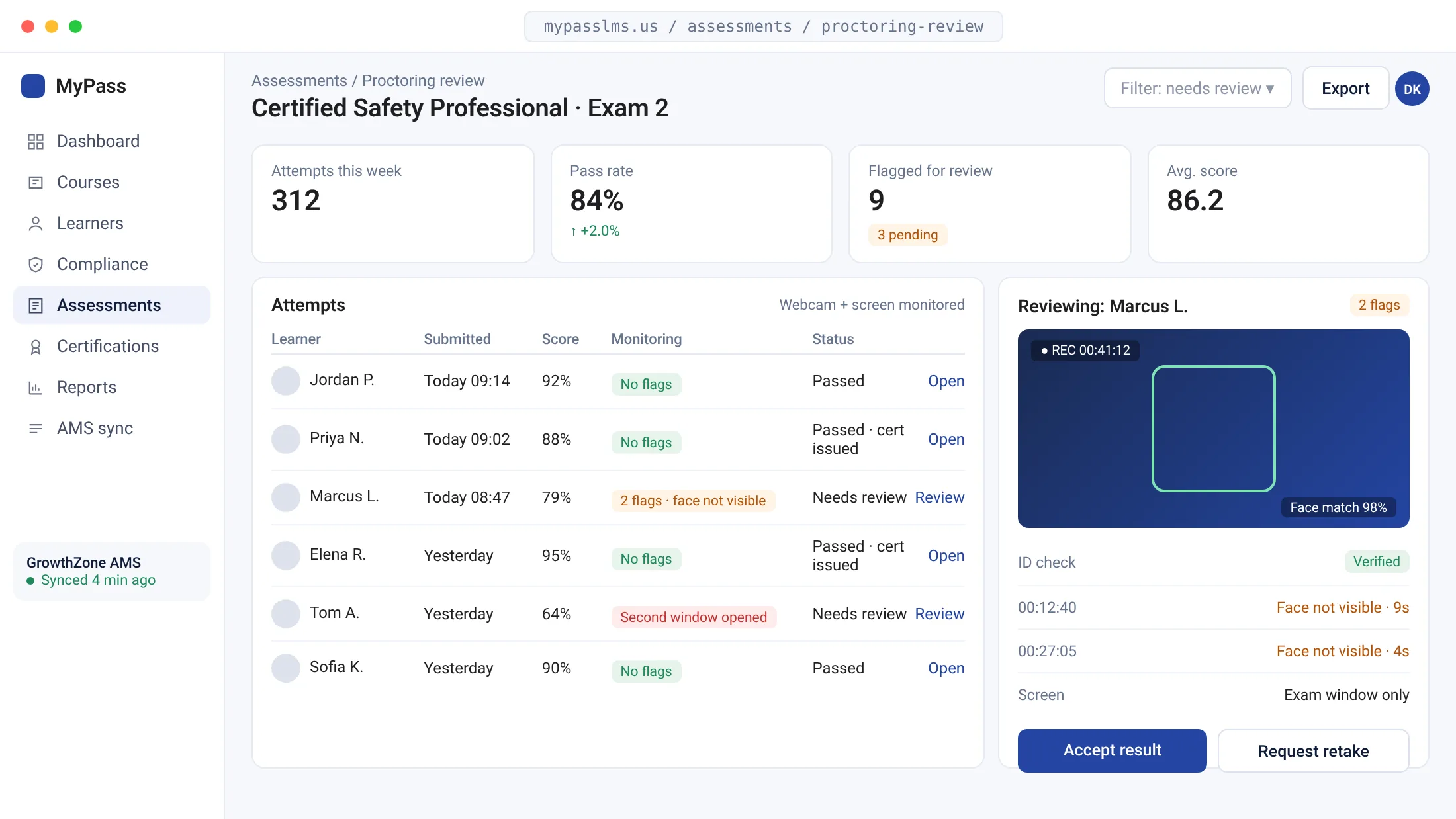 Proctoring review queue showing exam attempts, scores and webcam monitoring flags